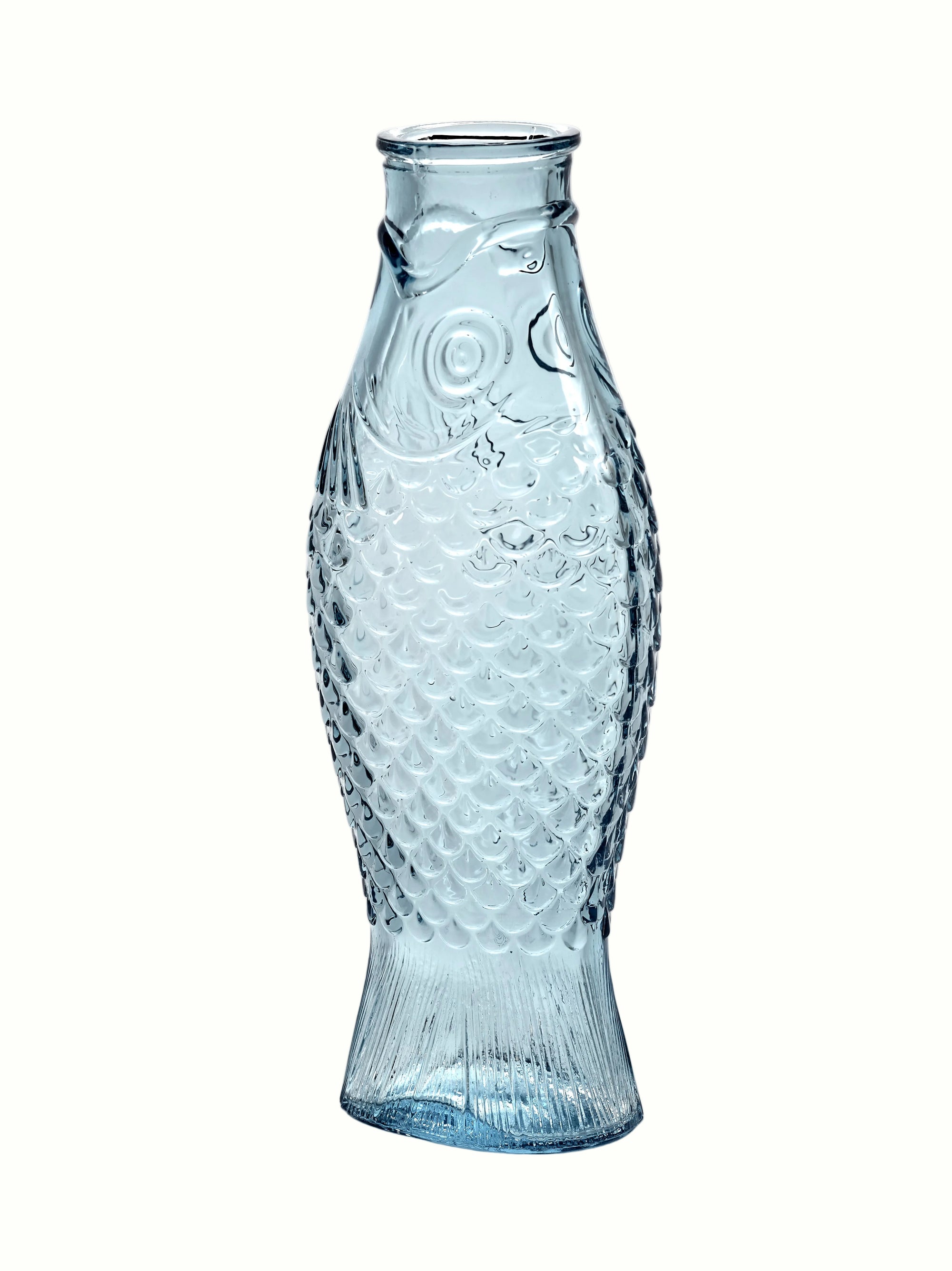 Clear glass fish-shaped vase on a white background